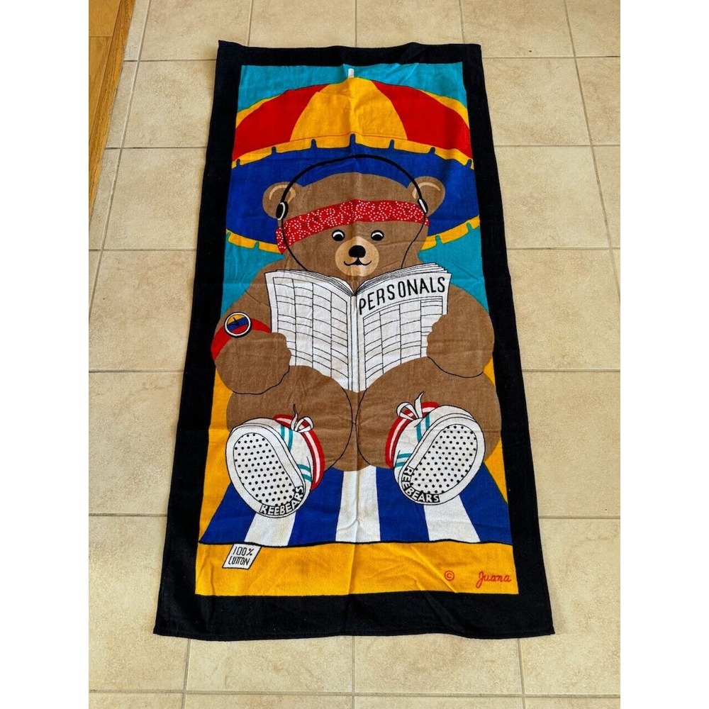 NWT 80s Beach Towel Juana TerriMondo 29" x 59" Bear Tennis Shoes 100% Cotton